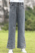 Kids Girls Elasticated Waist Easy Solid Pattern Loose Jeans