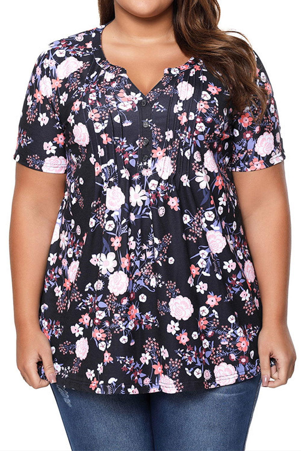 Women Short Sleeve Button Down Floral Top