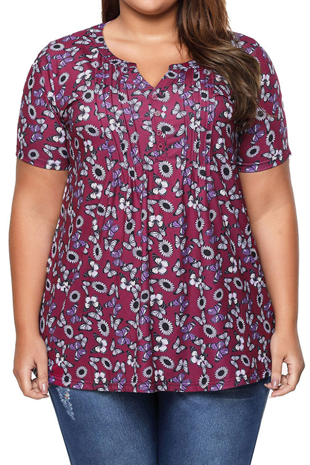 Women Short Sleeve Button Down Floral Top