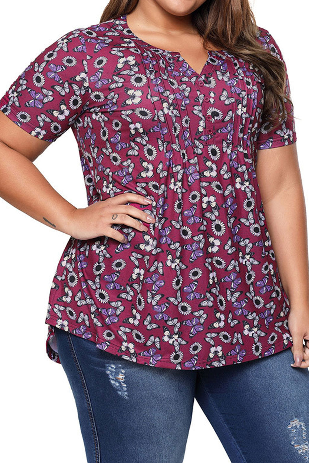 Women Short Sleeve Button Down Floral Top