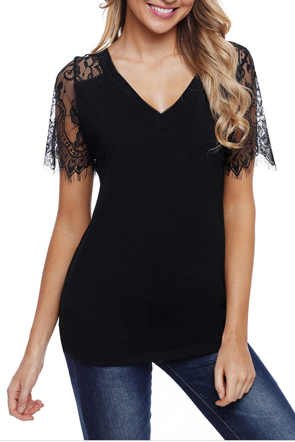 Women V-Neck Short Sheer Sleeves Solid Colour Top