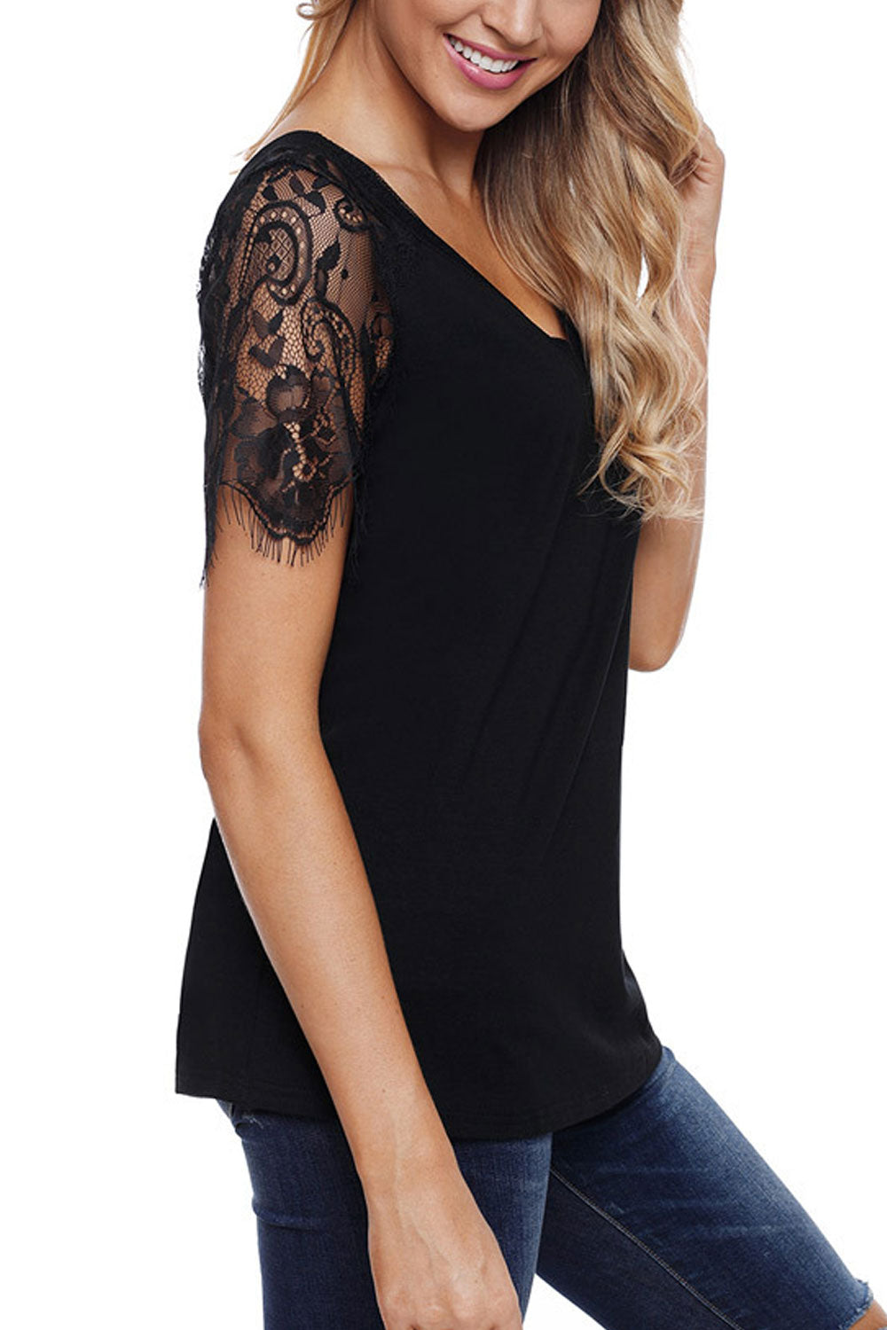 Women V-Neck Short Sheer Sleeves Solid Colour Top