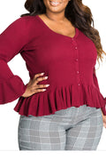 Women Deep Neck Button Down Ruffled Top