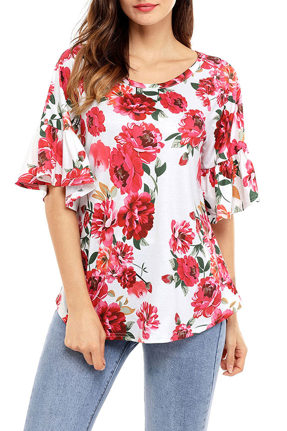 Women Scoop Neck Ruffled Sleeve Floral Top