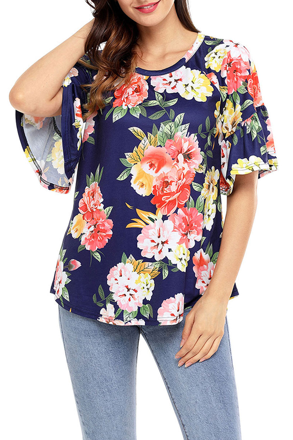Women Scoop Neck Ruffled Sleeve Floral Top