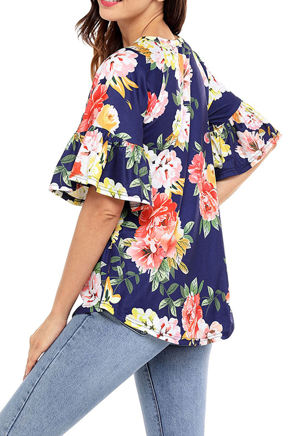 Women Scoop Neck Ruffled Sleeve Floral Top