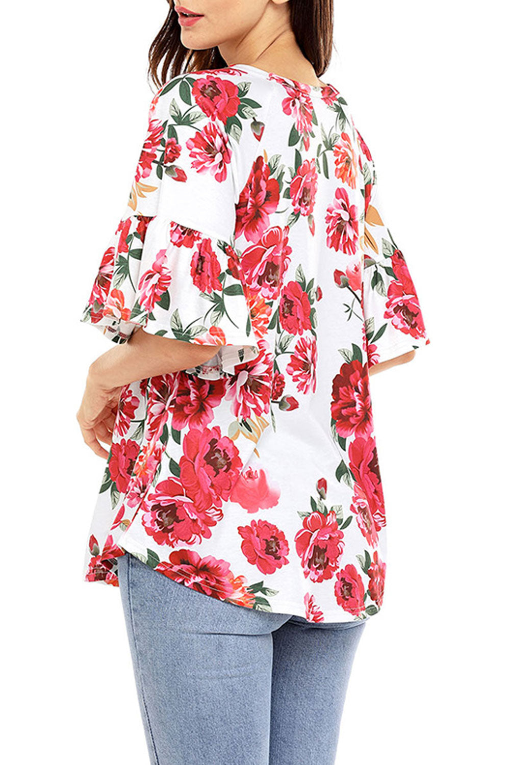 Women Scoop Neck Ruffled Sleeve Floral Top