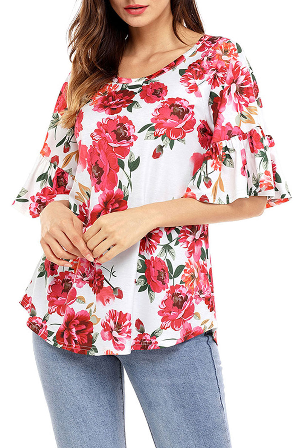 Women Scoop Neck Ruffled Sleeve Floral Top