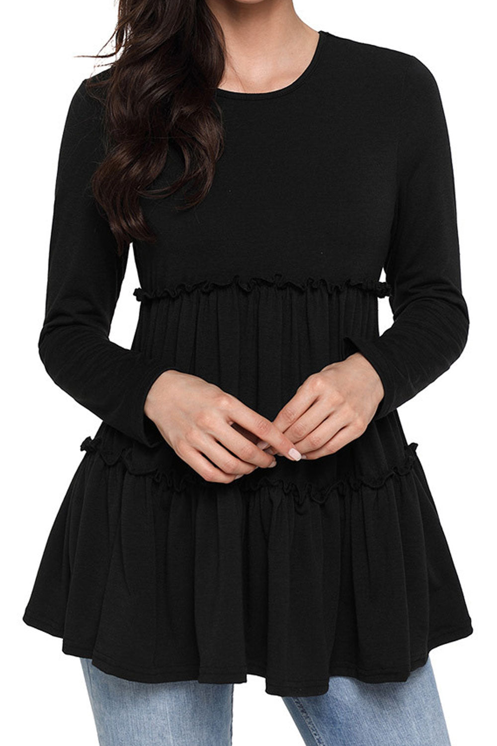 Women Long Sleeve Round Neck Pleated Elegant Top
