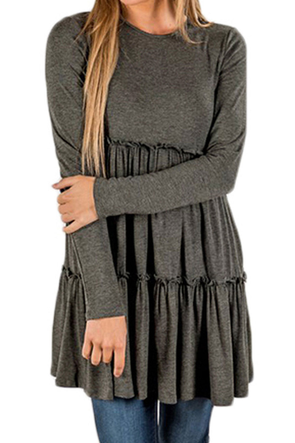Women Long Sleeve Round Neck Pleated Elegant Top