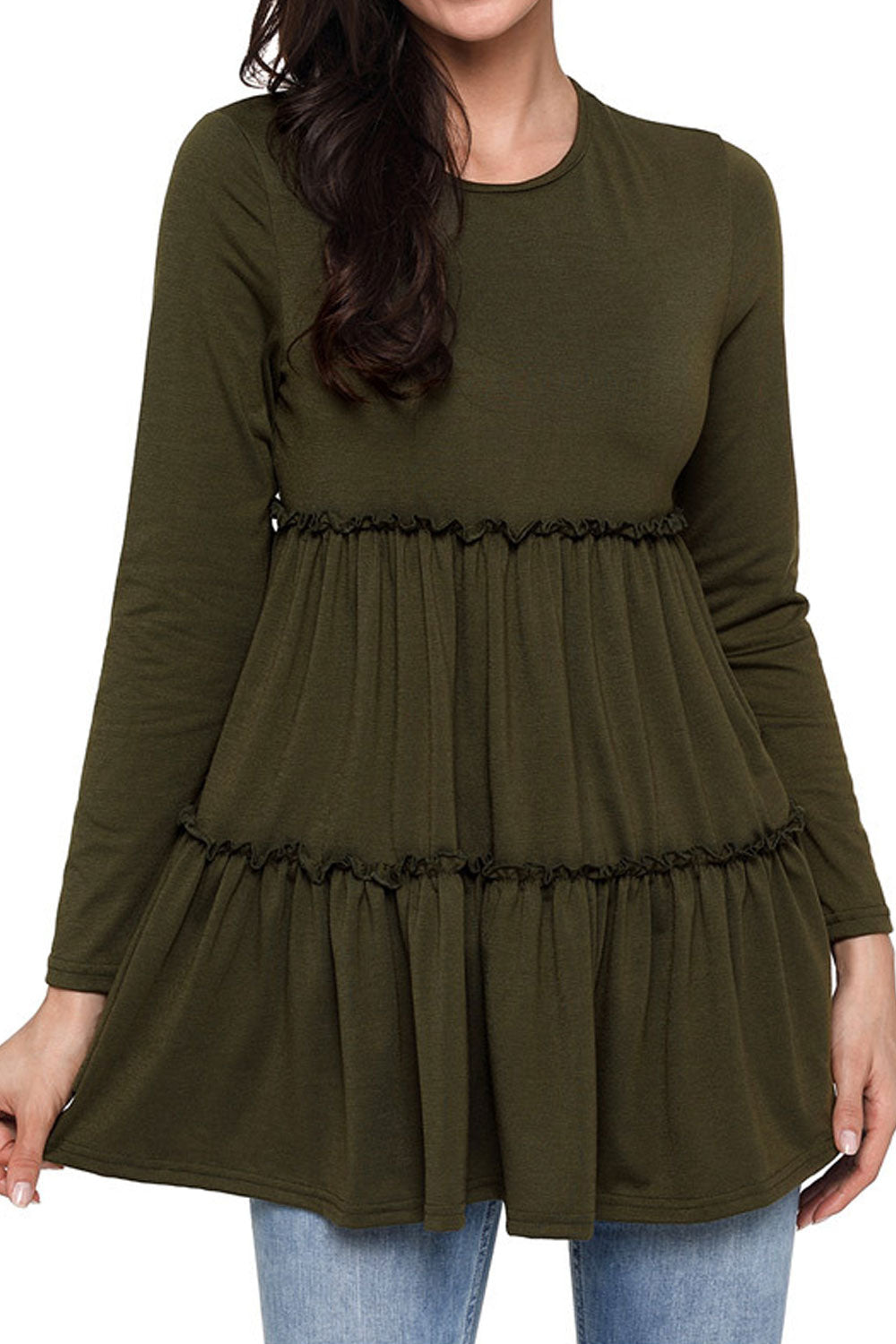Women Long Sleeve Round Neck Pleated Elegant Top