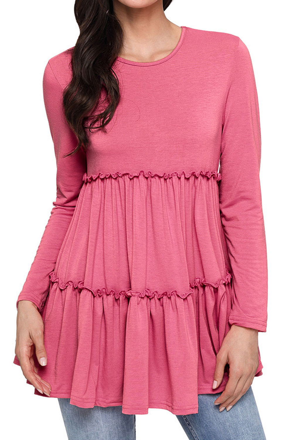 Women Long Sleeve Round Neck Pleated Elegant Top