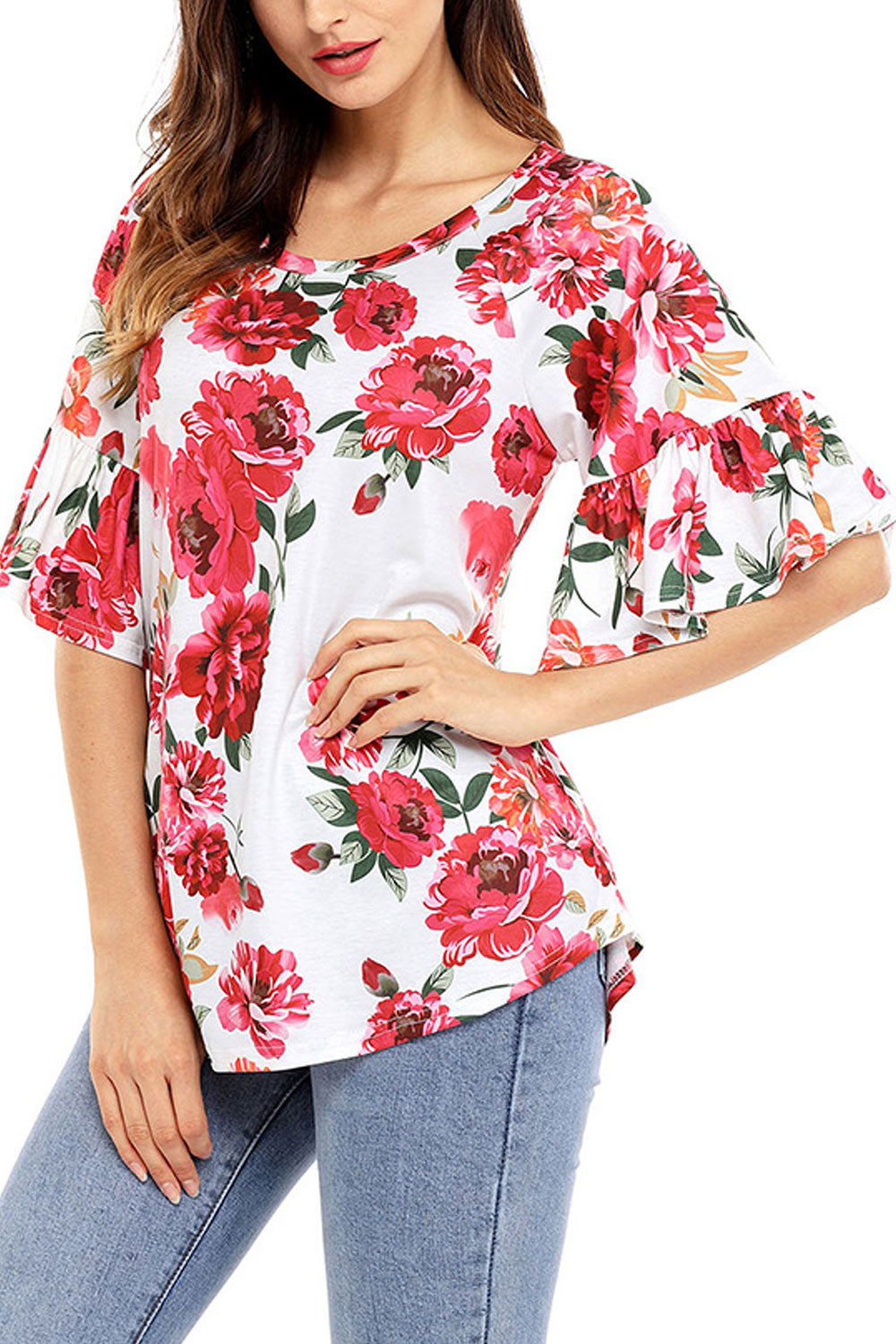 Women Scoop Neck Ruffled Sleeve Floral Top