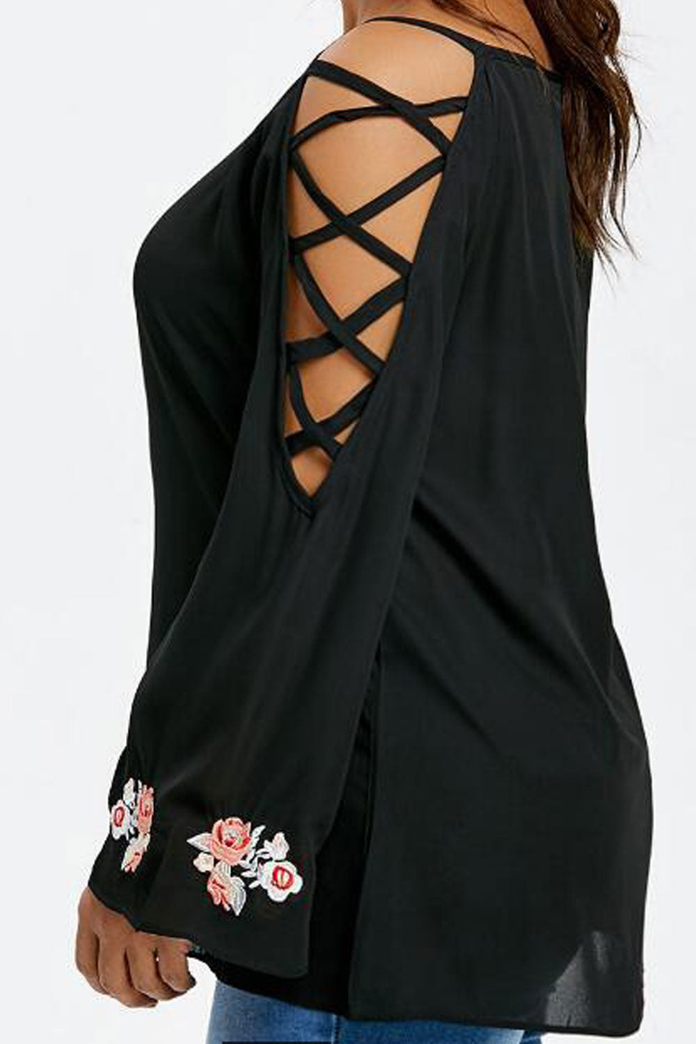 Women Embroider Sleeve Criss Cross Strap Top