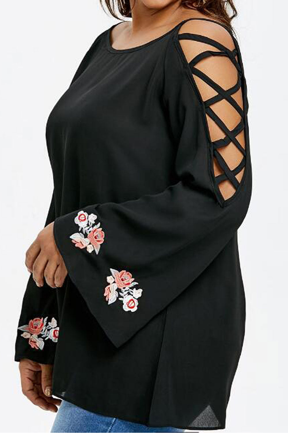 Women Embroider Sleeve Criss Cross Strap Top