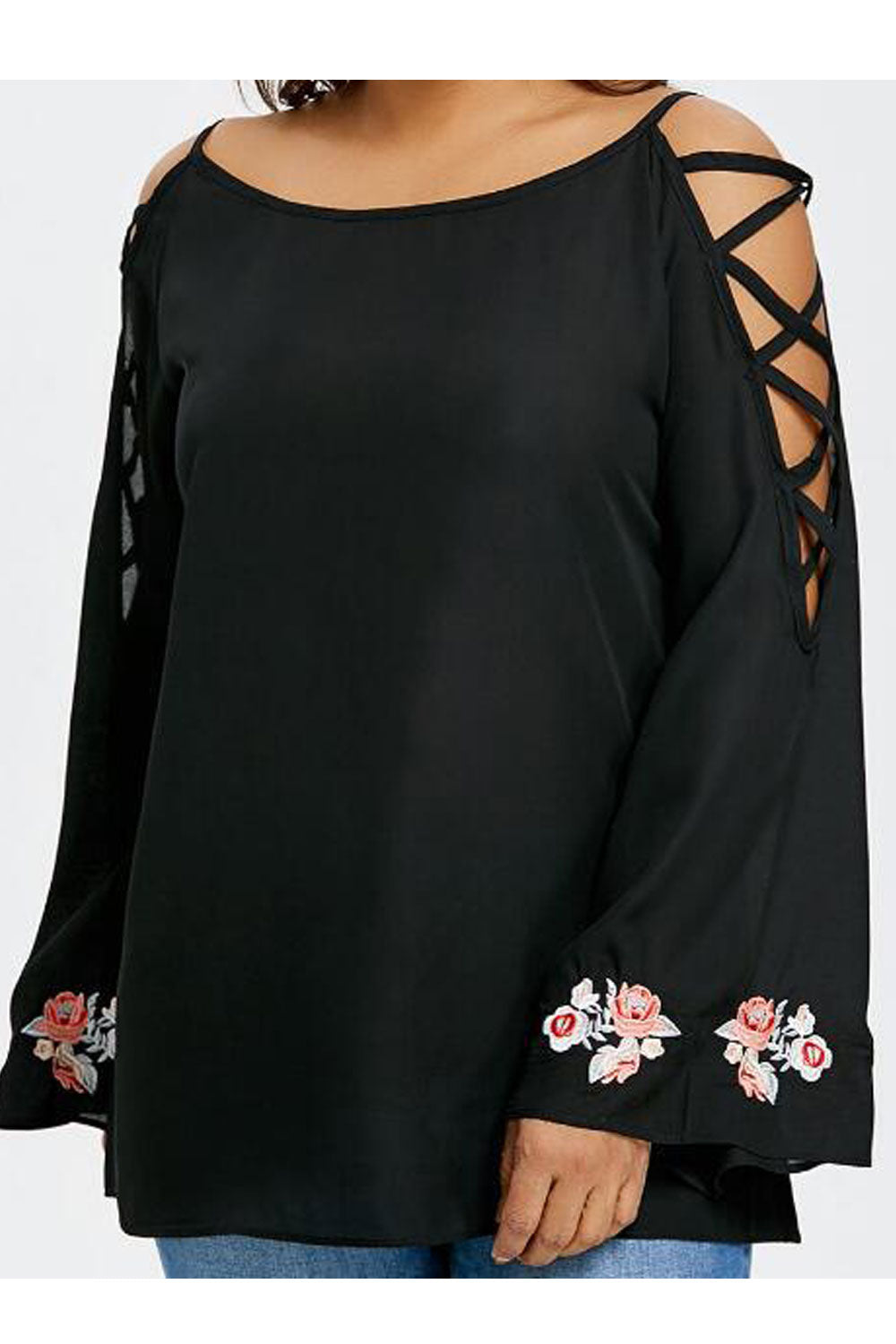 Women Embroider Sleeve Criss Cross Strap Top