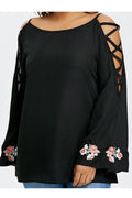 Women Embroider Sleeve Criss Cross Strap Top