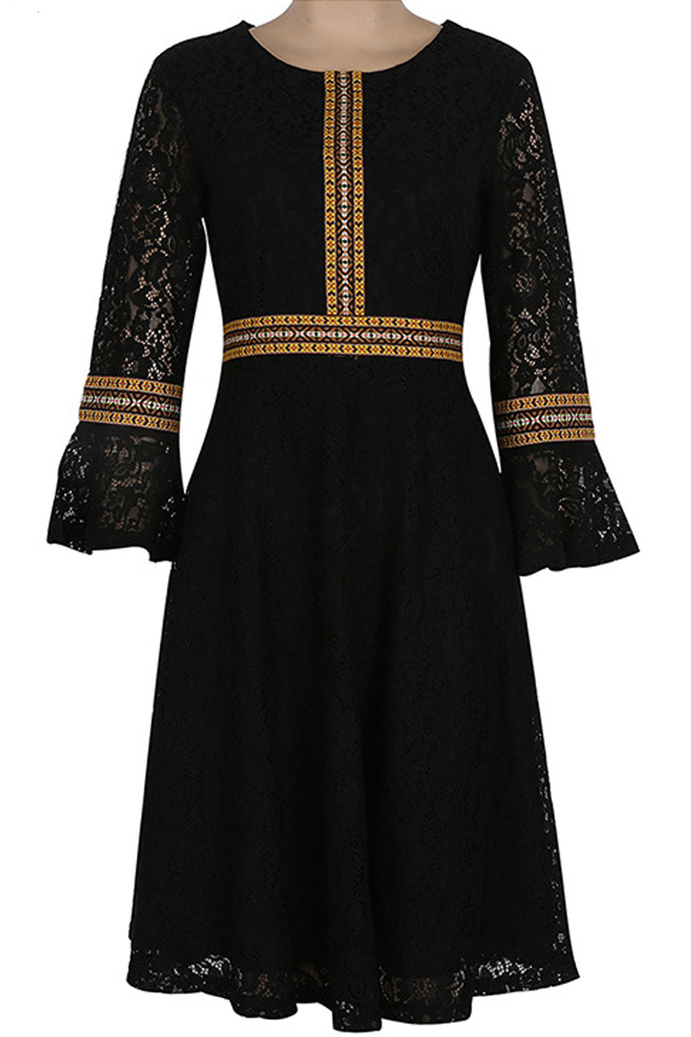 Women Round Neck Lace Sleeves Pleated Skirt Dress