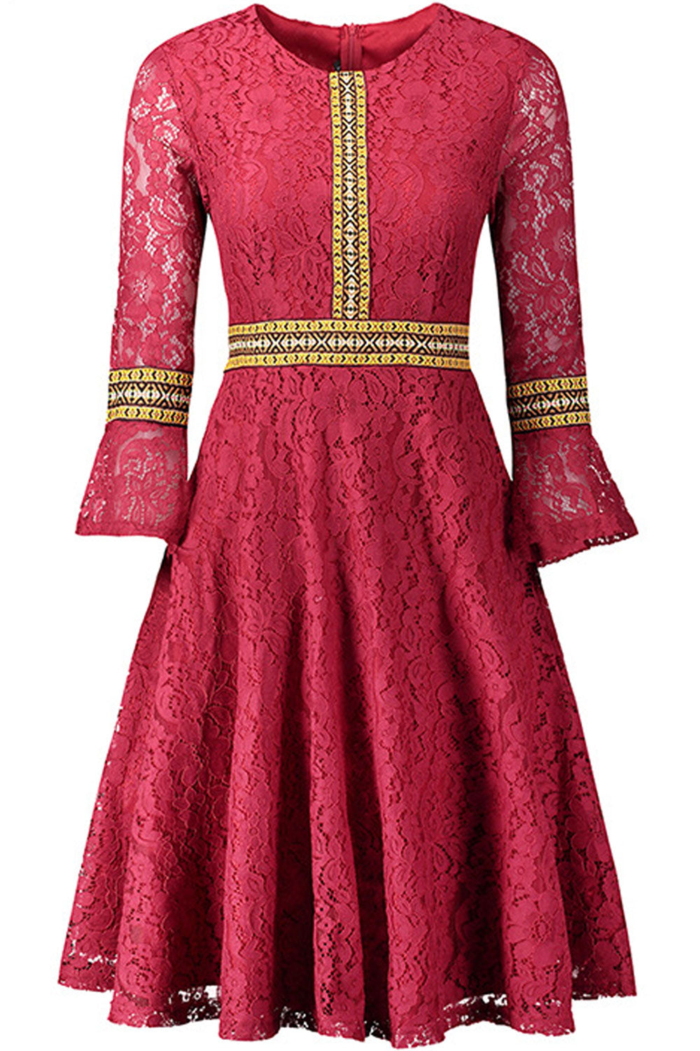 Women Round Neck Lace Sleeves Pleated Skirt Dress