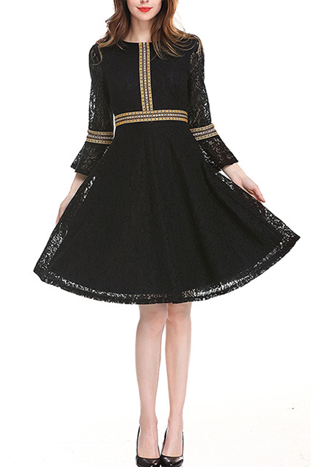 Women Round Neck Lace Sleeves Pleated Skirt Dress