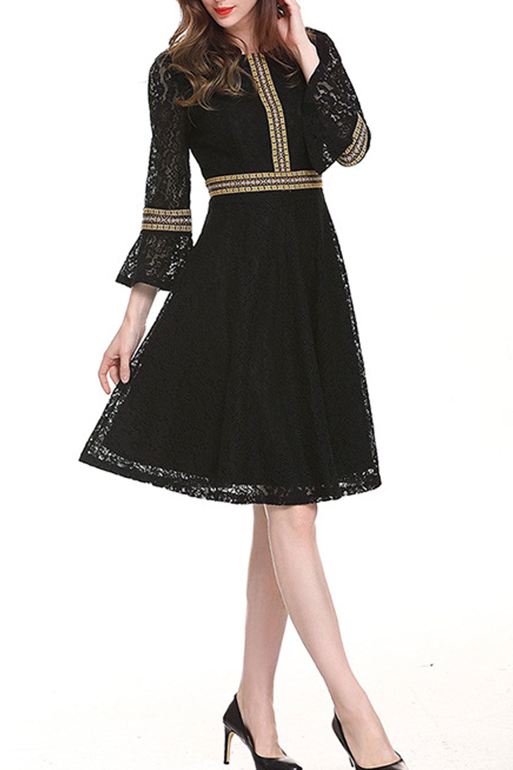 Women Round Neck Lace Sleeves Pleated Skirt Dress
