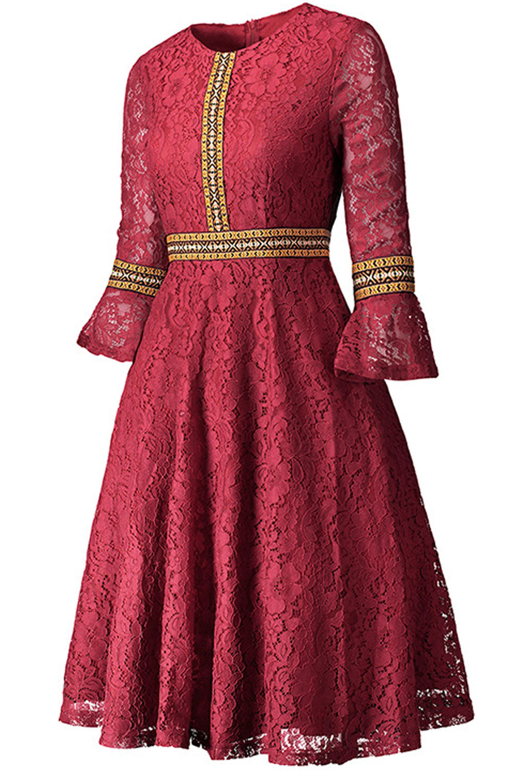 Women Round Neck Lace Sleeves Pleated Skirt Dress