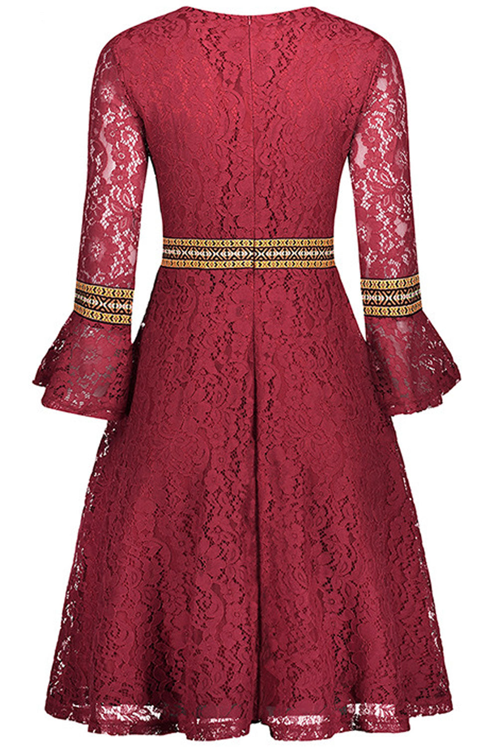 Women Round Neck Lace Sleeves Pleated Skirt Dress