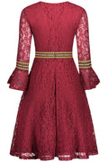 Women Round Neck Lace Sleeves Pleated Skirt Dress