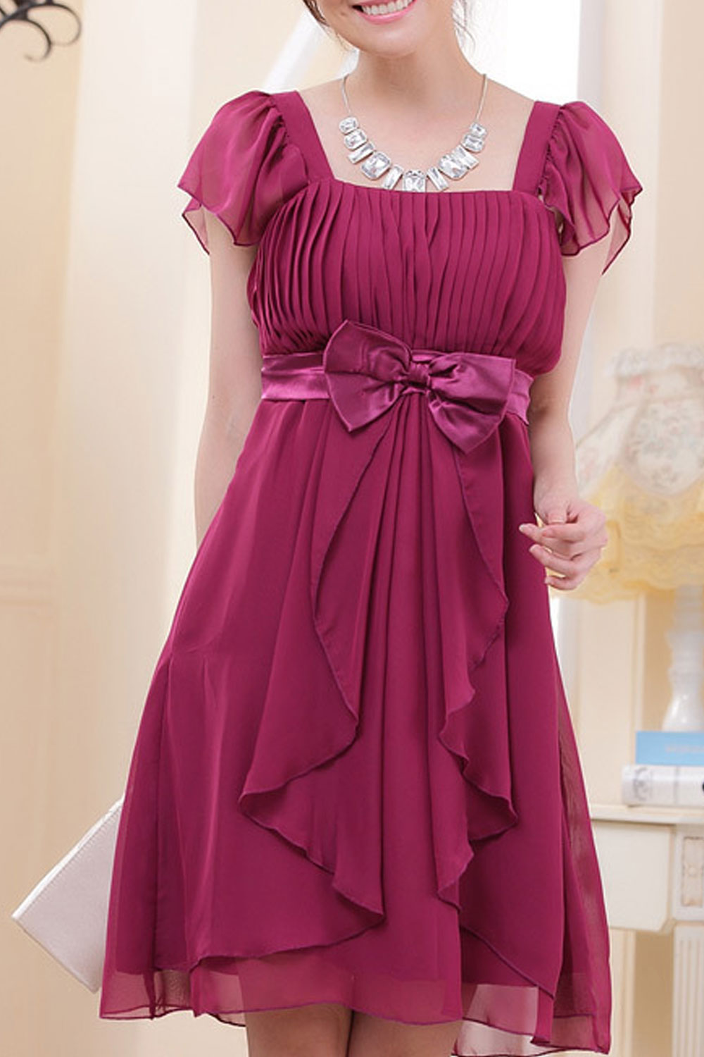 Women Square Neck Cup Sleeve Waist Bow Dress