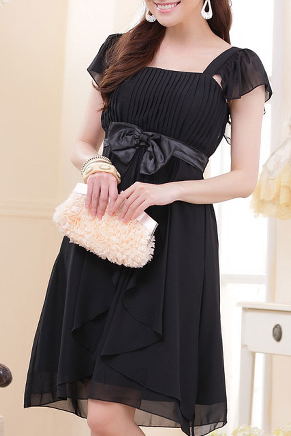 Women Square Neck Cup Sleeve Waist Bow Dress