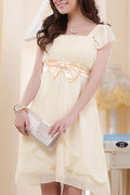 Women Square Neck Cup Sleeve Waist Bow Dress
