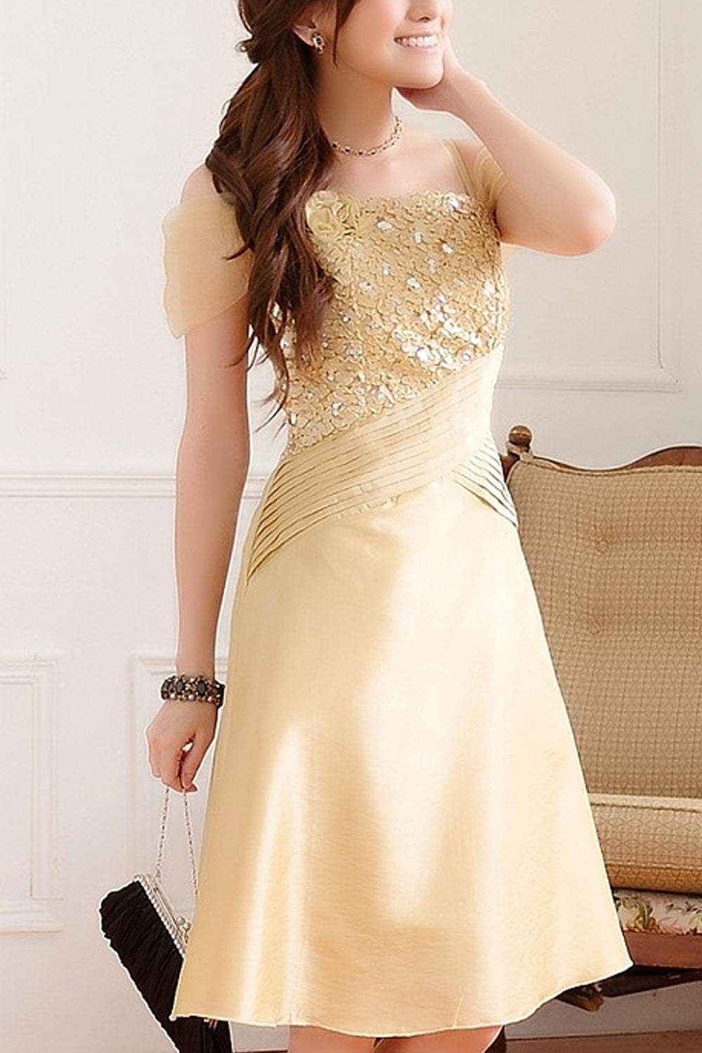 Women Spaghetti Strap Shoulder Decorated Bust Party Dress