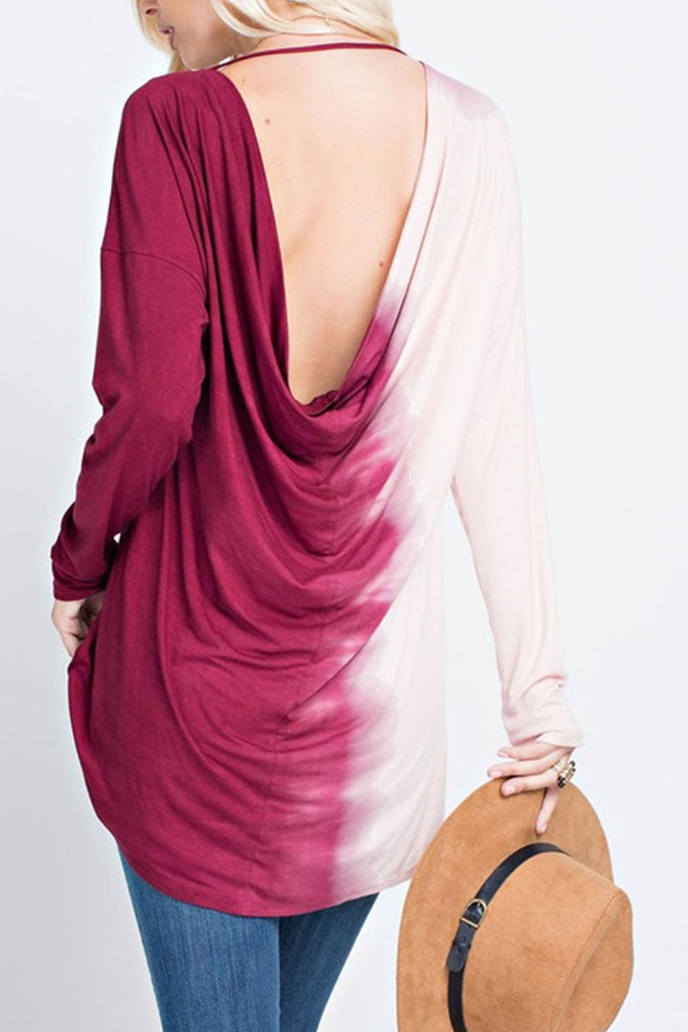 Women High Neck Long Sleeve Open Back Top