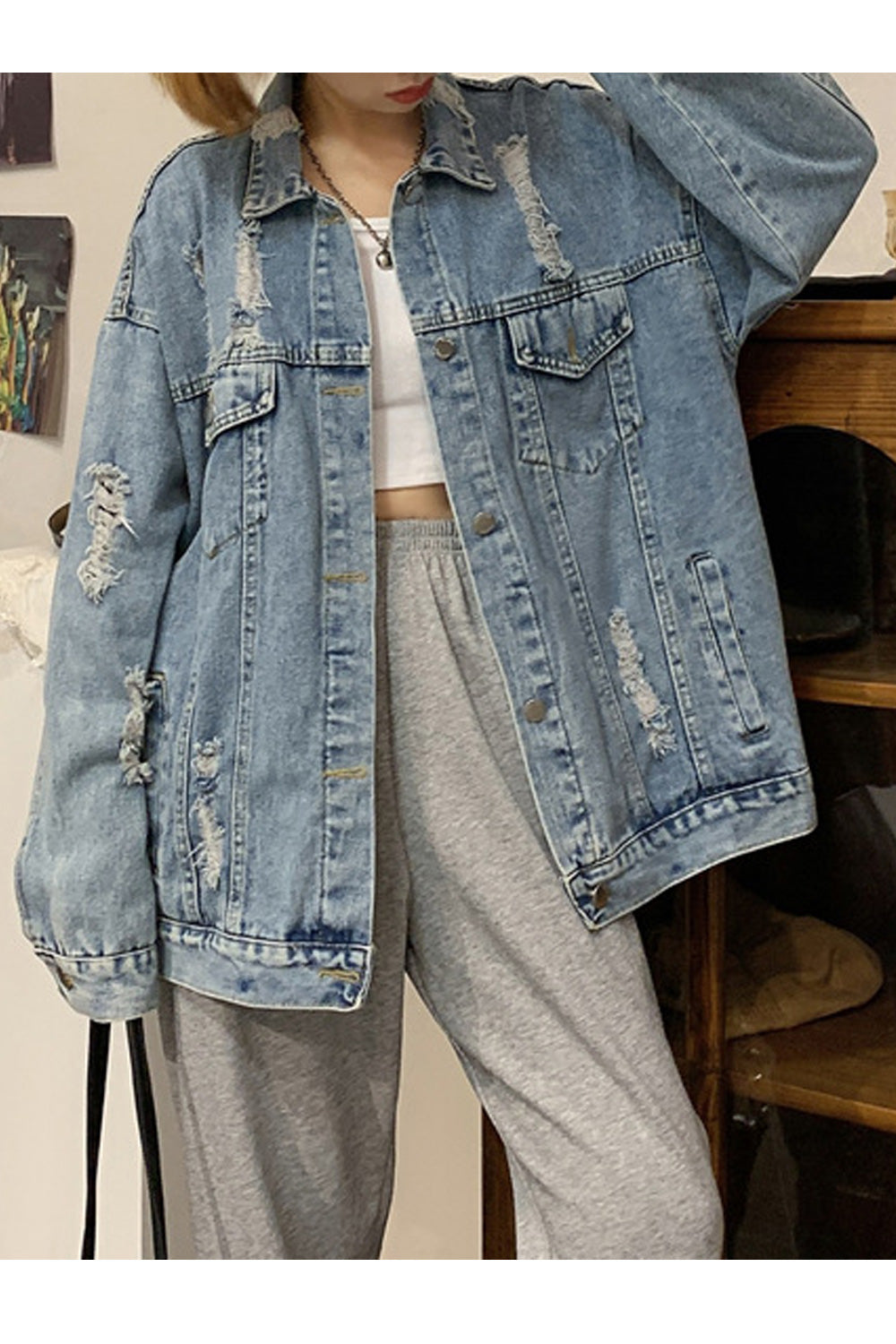 Women Flower Pattern Modish Loose Fashionable Loose Breathable Denim Jacket
