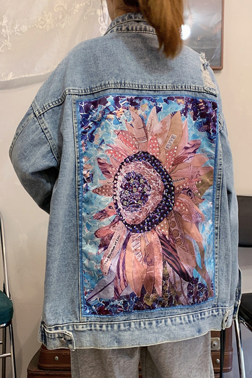 Women Flower Pattern Modish Loose Fashionable Loose Breathable Denim Jacket