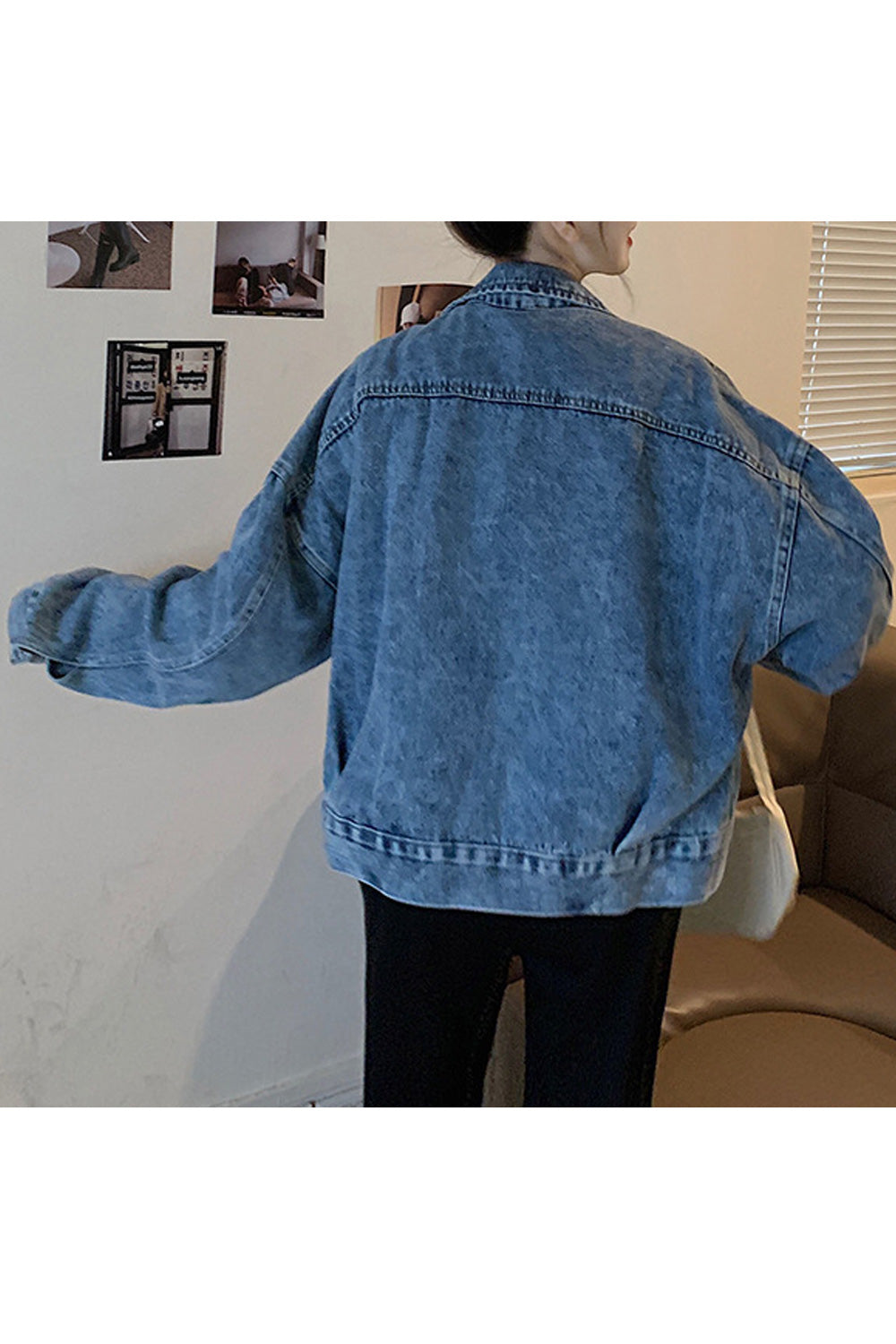 Women Magnificent Loose Long Sleeve Solid Colored Tremendous Collar Neck Denim Jacket