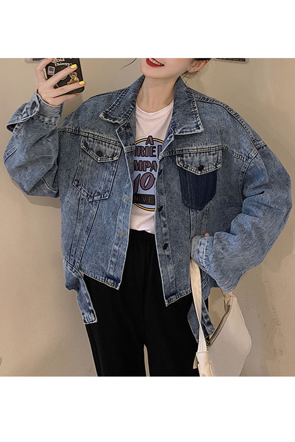 Women Magnificent Loose Long Sleeve Solid Colored Tremendous Collar Neck Denim Jacket