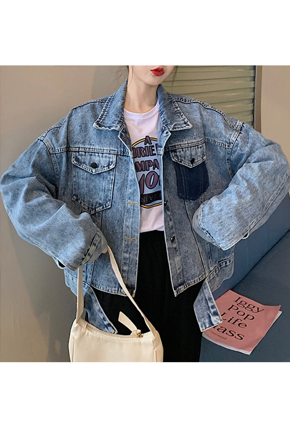 Women Magnificent Loose Long Sleeve Solid Colored Tremendous Collar Neck Denim Jacket