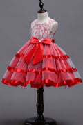 Kids Baby Girls Round Neck Lace Ribbon Bow Dress