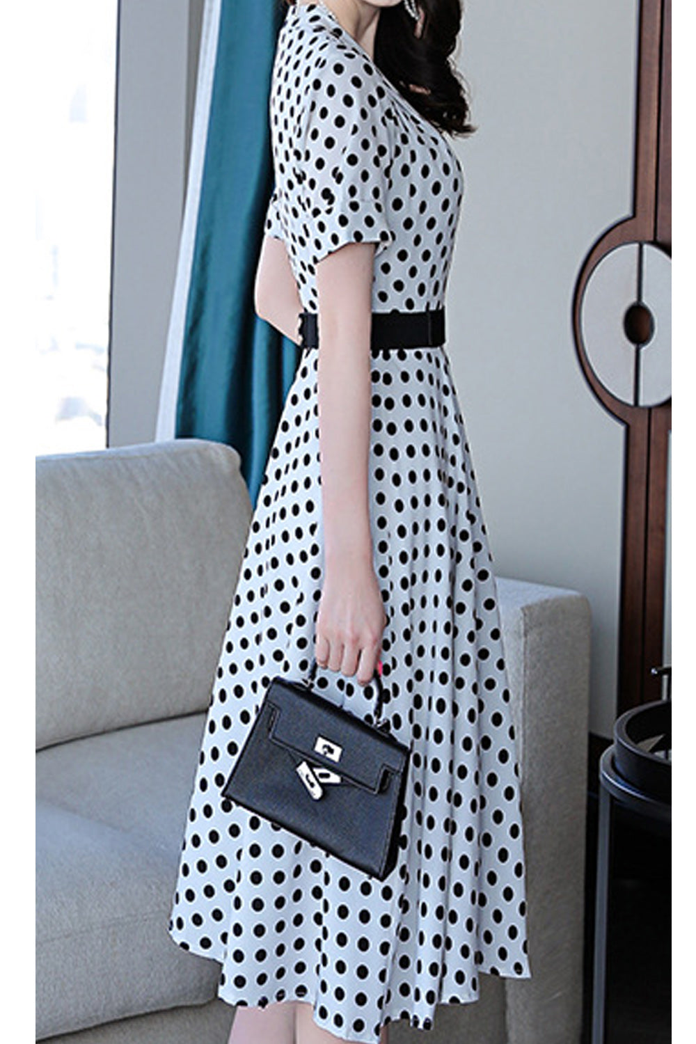 Women Lightweight Fashionable Polka Dotted Short Sleeve Mid Length Dress