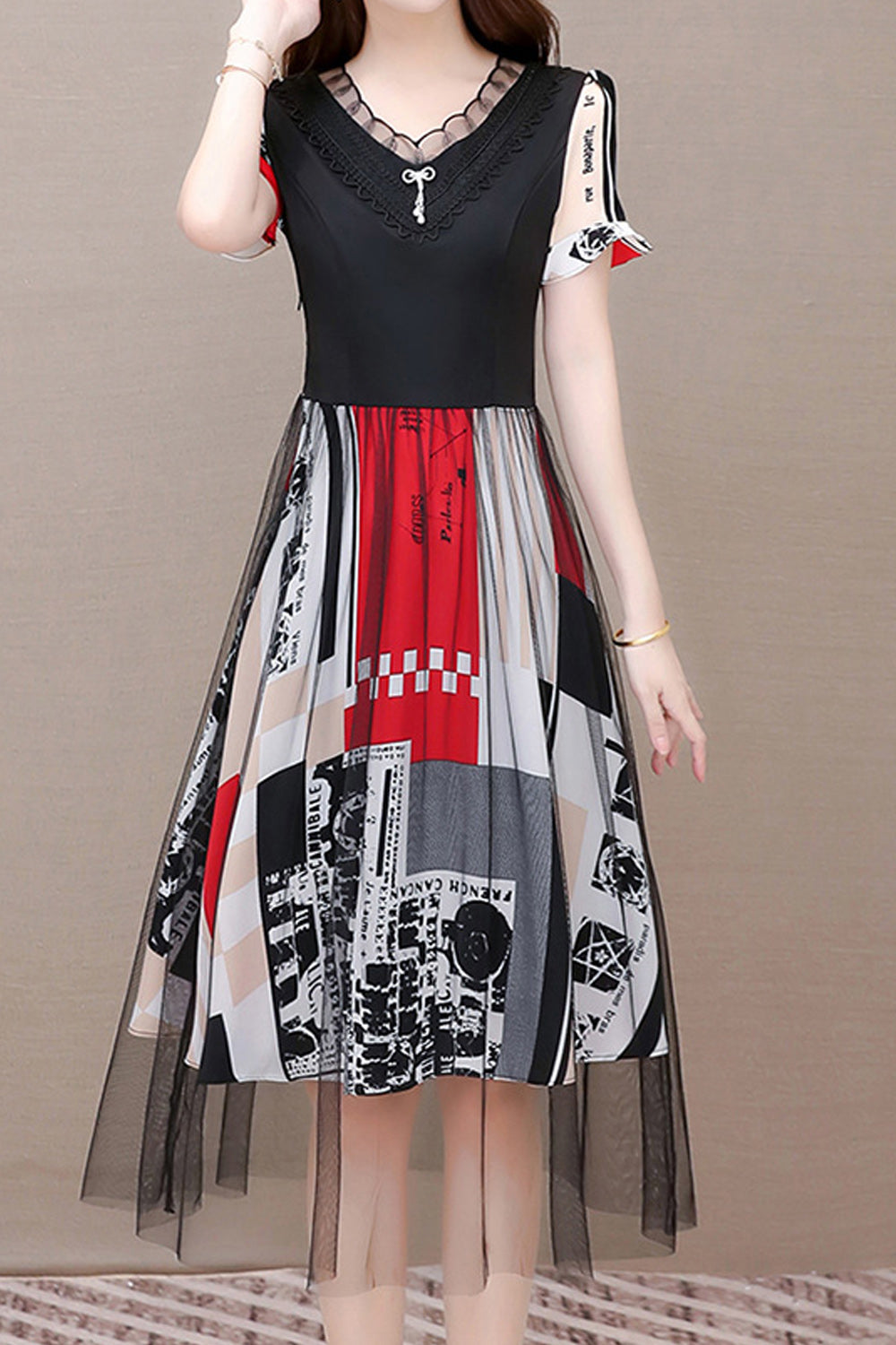 Women Lightweight Fashionable Polka Dotted Short Sleeve Mid Length Dress