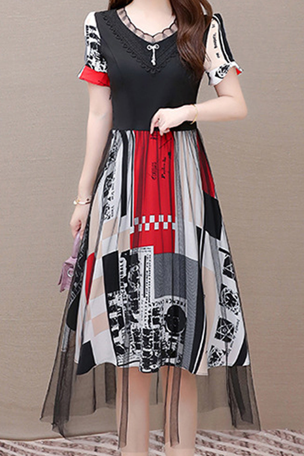 Women Lightweight Fashionable Polka Dotted Short Sleeve Mid Length Dress