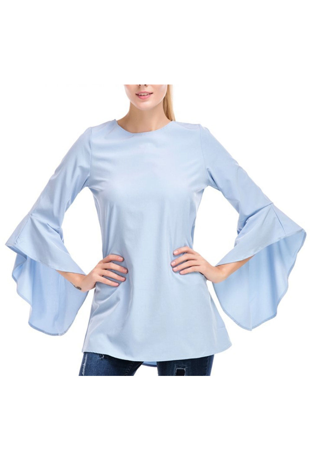 Women Slim Casual Fit Waist Bell Sleeves Top