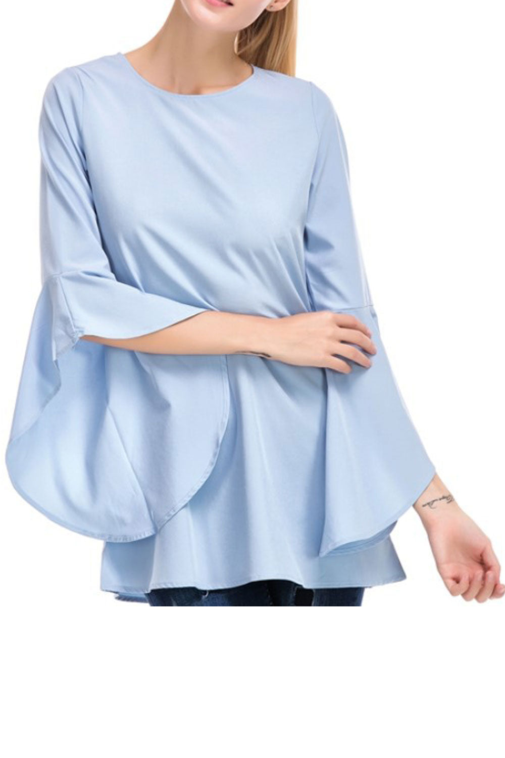 Women Slim Casual Fit Waist Bell Sleeves Top