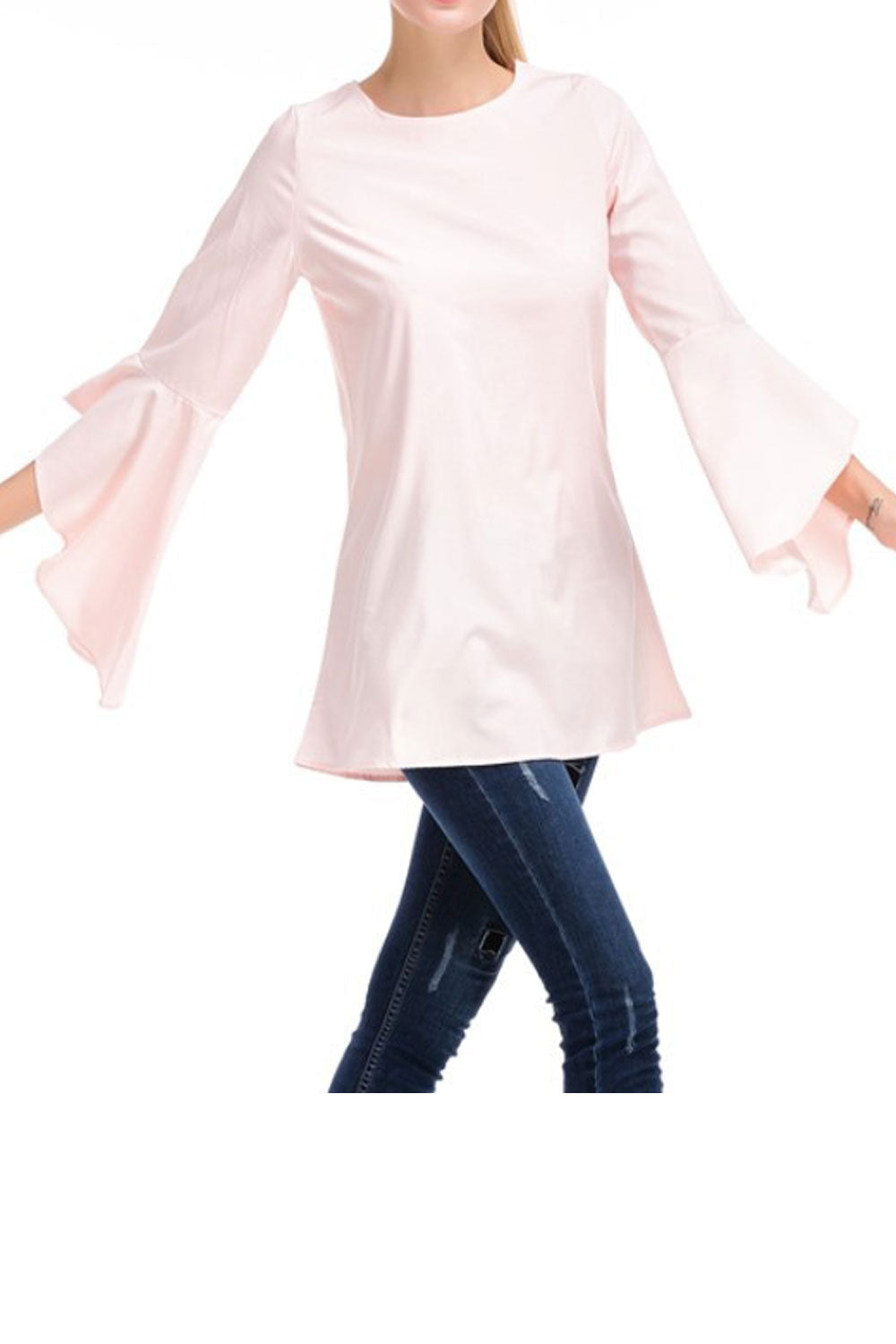 Women Slim Casual Fit Waist Bell Sleeves Top