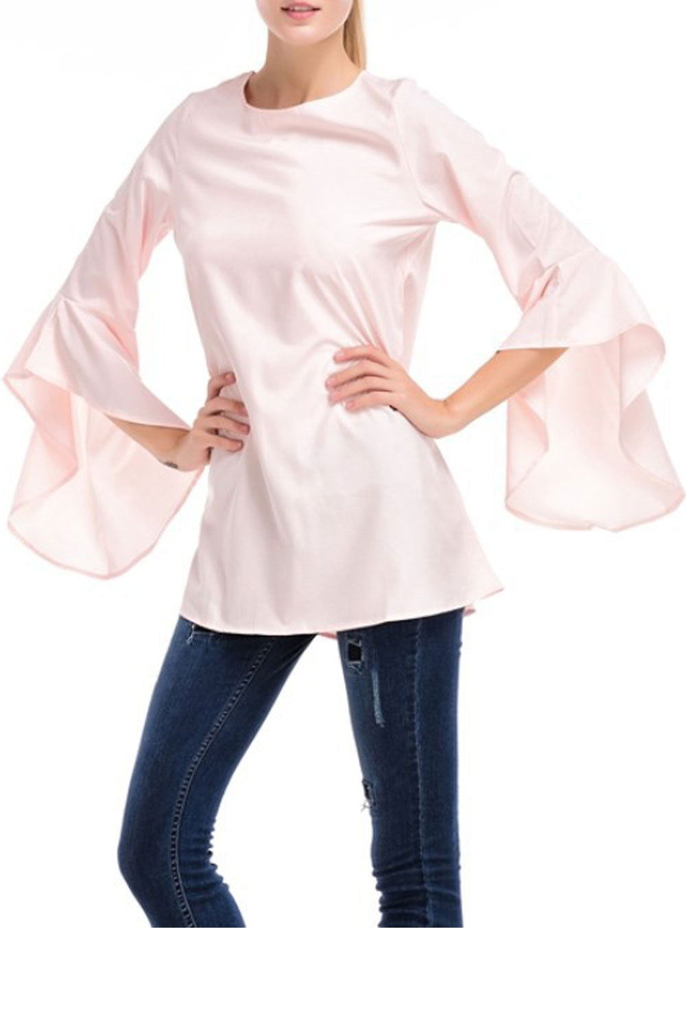 Women Slim Casual Fit Waist Bell Sleeves Top