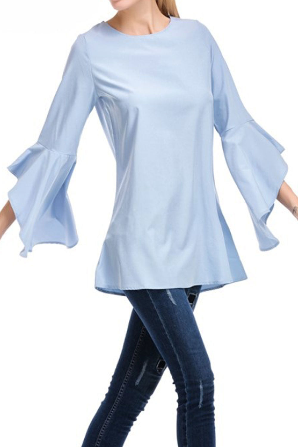 Women Slim Casual Fit Waist Bell Sleeves Top