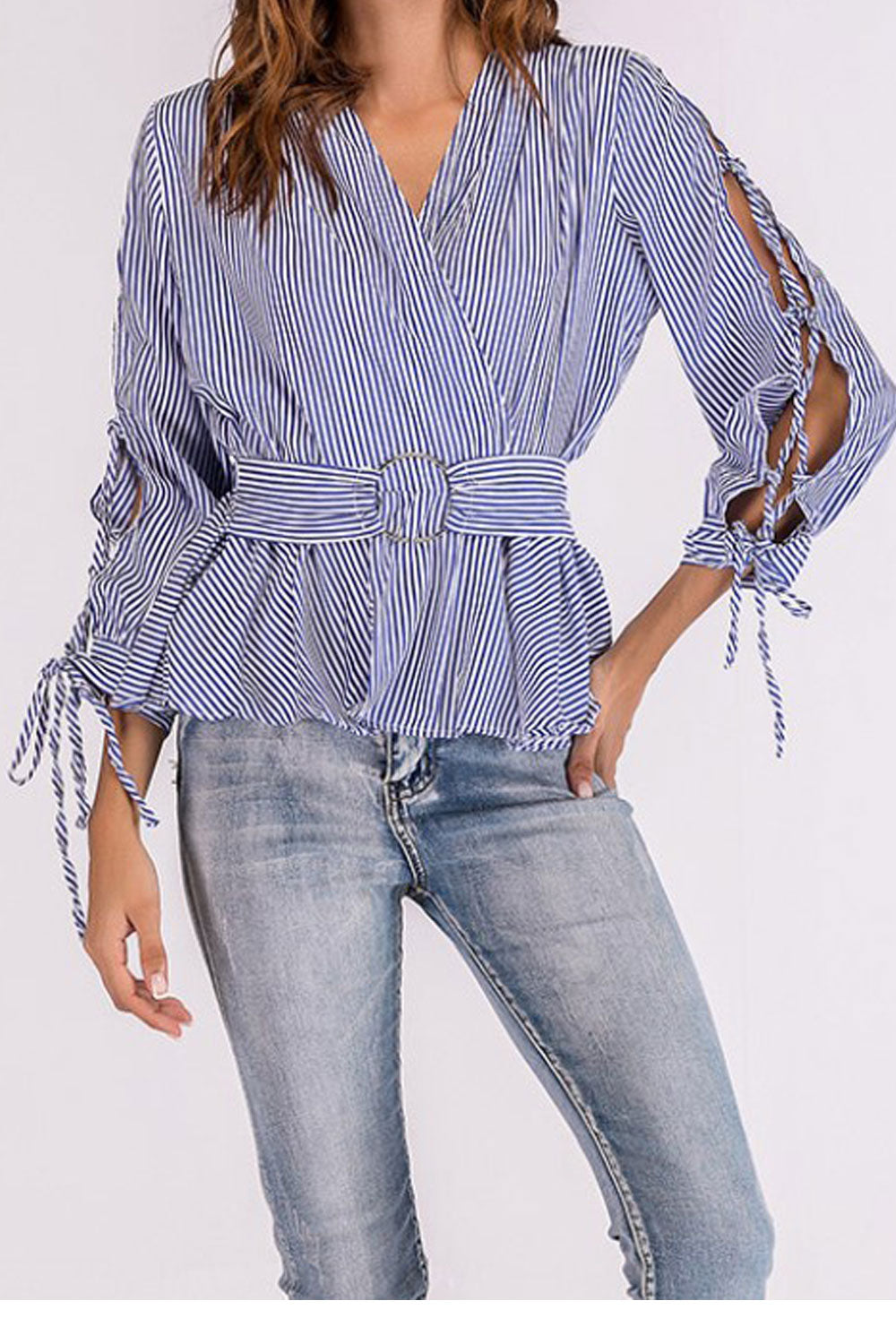 Women V-Neck Straps Sleeves Wrapped Waist Top