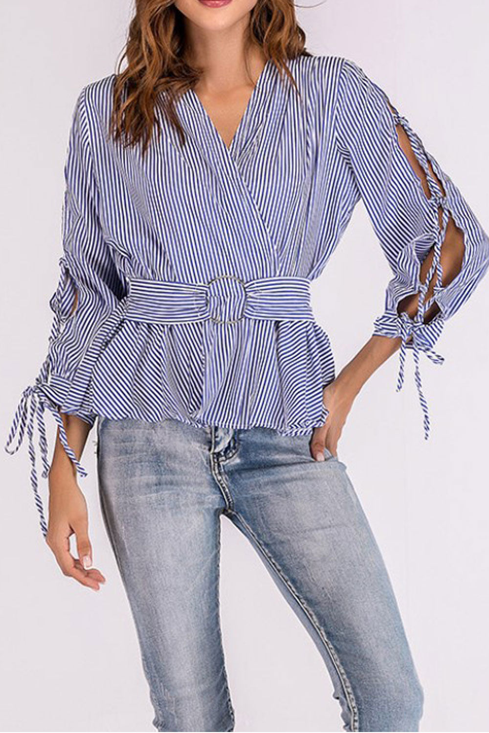 Women V-Neck Straps Sleeves Wrapped Waist Top