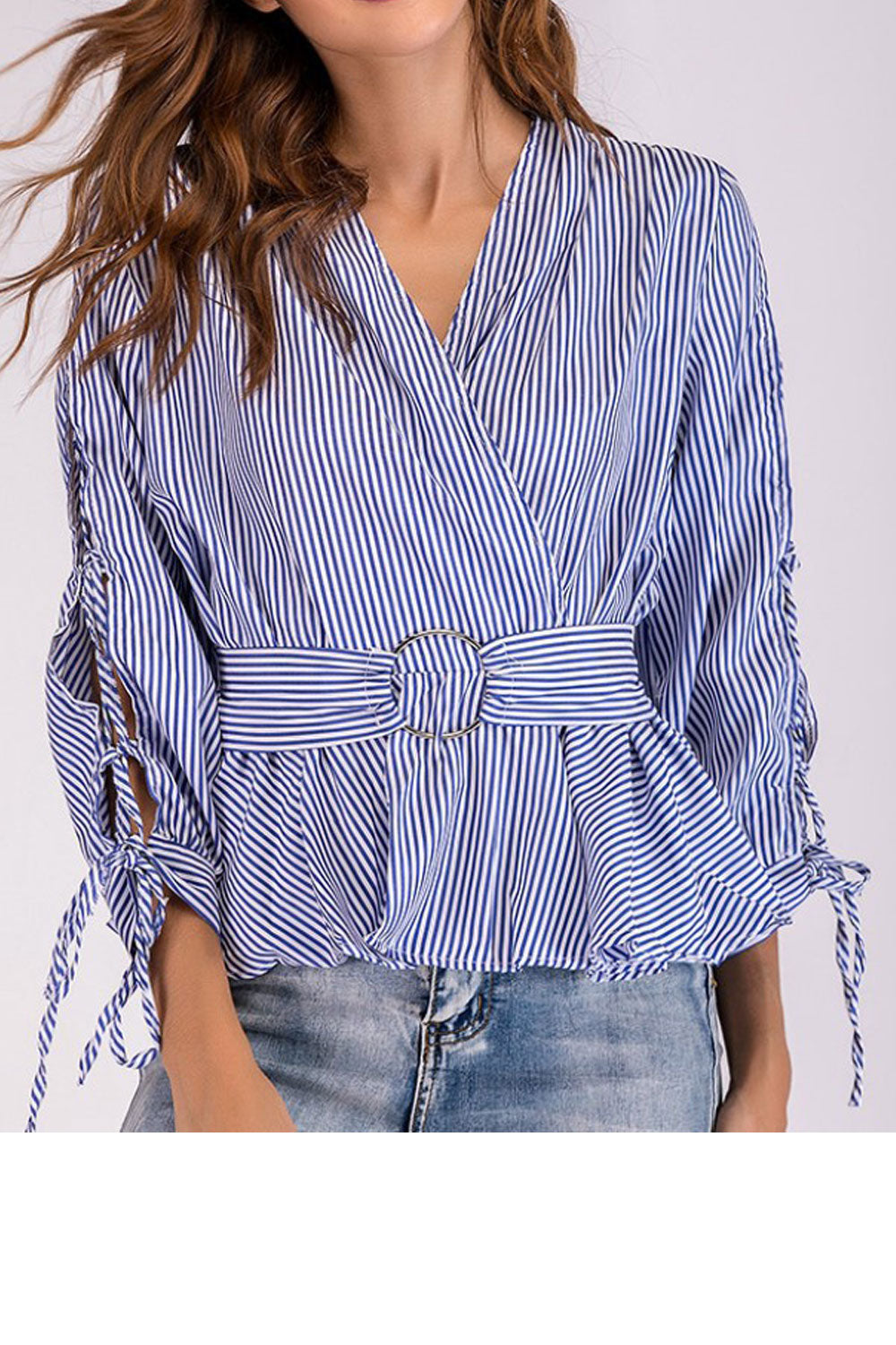 Women V-Neck Straps Sleeves Wrapped Waist Top